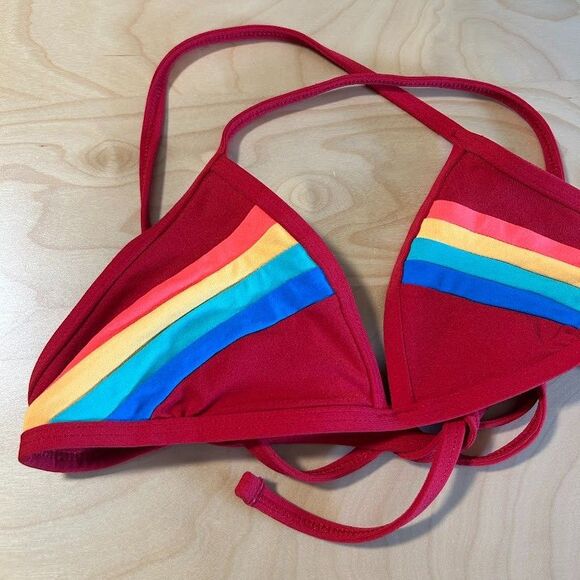 Jolyn Collin Rainbow Stripe Bikini Top L Red Strappy Triangle - Picture 3 of 6